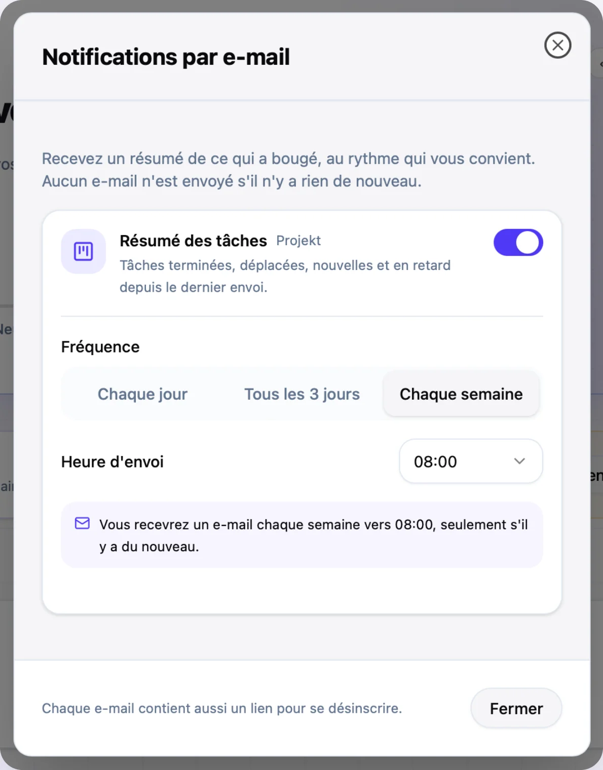 Klark — Notifications par e-mail : fréquence du résumé